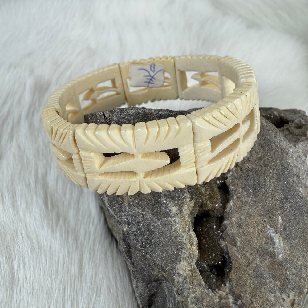 Antique Art Deco Bovine Bracelet Hand Carved on Stretch Elastic 6.5"